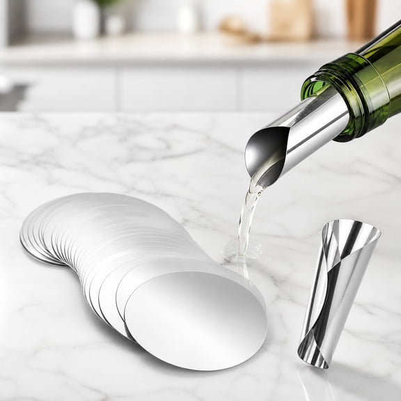 MODANU 50 Pcs Wine Pourer Disc, 2.95in Wine Pourer and Stopper Reusable Wine Bottle Pouring Disc Thin Drip Stop Pour Spout Card for Wine Beverage Beer Liquid Dispenser (Silver)