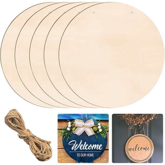 MODANU 5Pcs Blank Unfinished Round Wood Signs for Crafts, 11.8" Basswood Sheets with 1 Jute String for Laser Cutting Wooden Door Hanger Sign DIY Painting Christmas Decoration