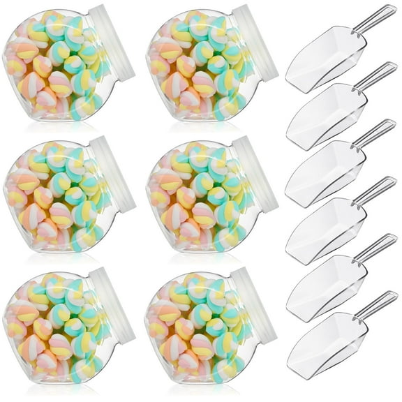 MODANU 6 Pcs Plastic Candy Jar with Lid for Candy Buffet with 6 Pcs Mini Acrylic Plastic Kitchen Scoop 7.7 oz Clear Candy Container Plastic Cookie Jar for Kitchen Counter