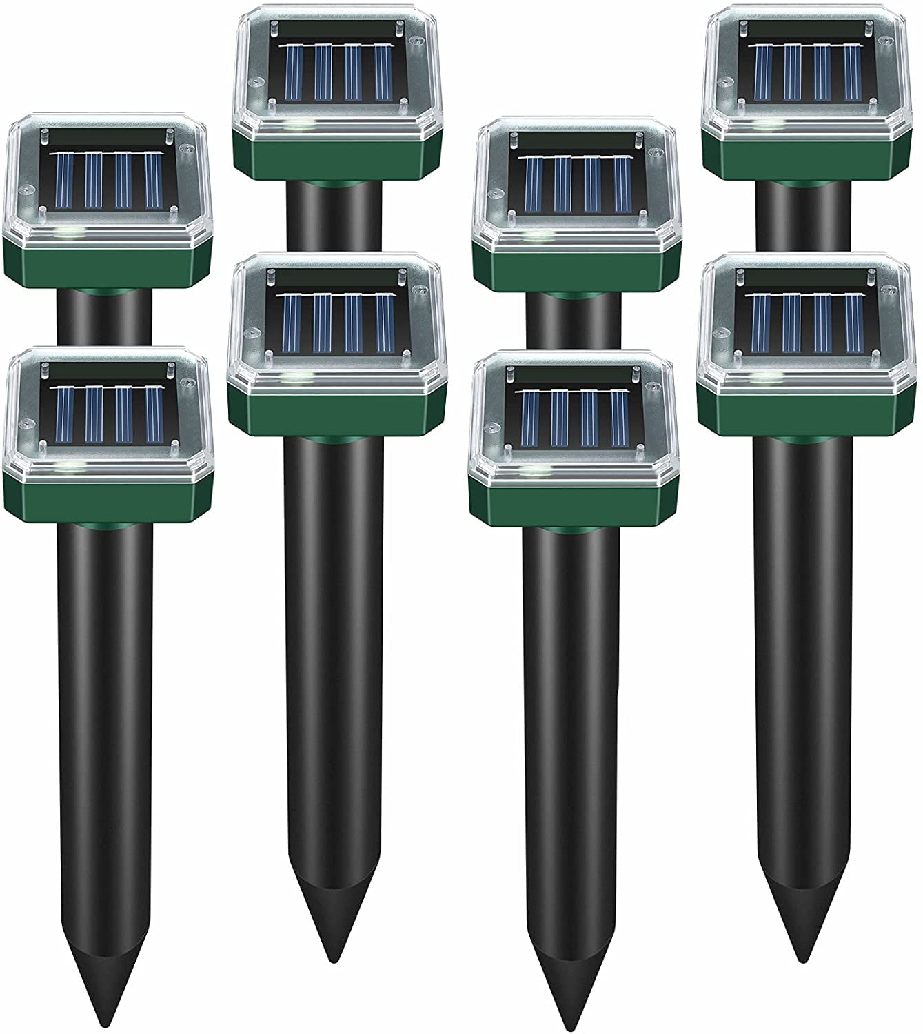 MODANU 8 Pack Ultrasonic Solar Animal Repellent | Humane Solar Remover Pest Control Spikes for Groundhog, Gopher, Vole, Mole, Snake, Chipmunk, Racoon, Squirrel, Mice & Other Burrowing Rodents