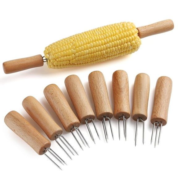 MODANU 8Pcs Corn Holders, Stainless Steel BBQ Meat Fruit Forks Barbecue Corn Cob Holder with Wooden Handle for Home Cooking and BBQ