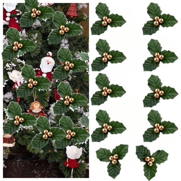 MODANU Christmas Holly Berries Picks, 40Pcs Faux Berry Holly Leaves Artificial Holly Berry Branches Christmas Wreath Fillers for Christmas DIY Garland Wreath Ornaments, Gold