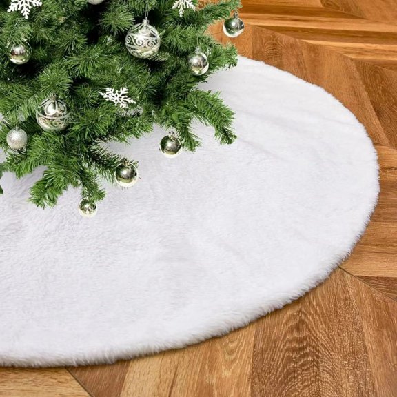 MODANU Christmas Tree Skirt, 35inch White Faux Fur - Plush Holiday Decor, Christmas Tree Collar, Xmas Tree Stand Base for Christmas Decorations Holiday Party