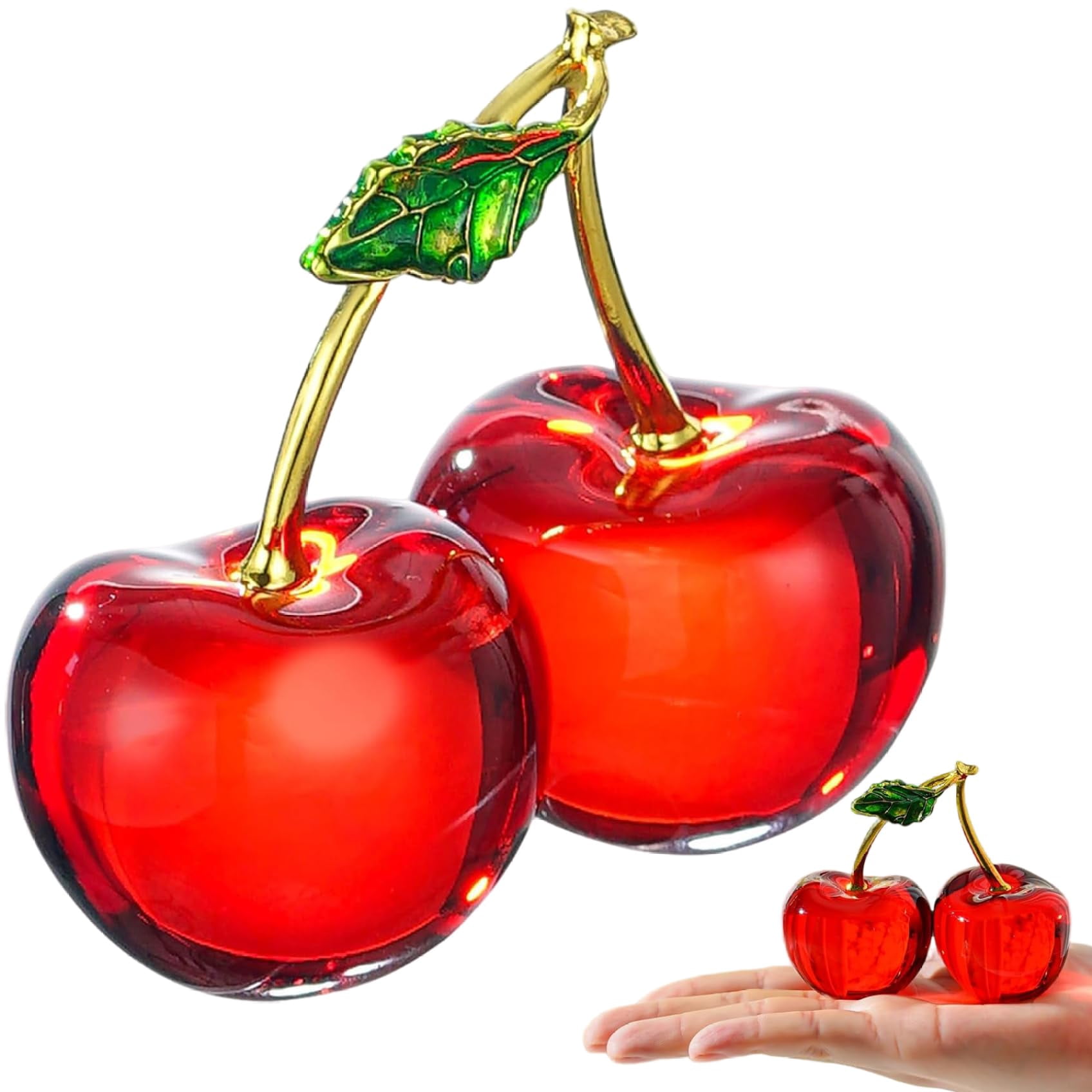 MODANU Crystal Cherry Decor - Glass Fruit Decor- Red Home Collectibles for Kitchen Living Room Tabletop Centerpiece Office Desktop Decor