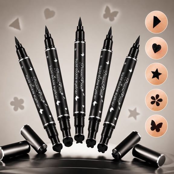 MODANU Double-headed Liquid Eye Stamp Pen Set of 5, Black Eye Pencil Eye Stencil, Star Moon Heart Eye Stamp Eye Face Makeup for Women and Girls