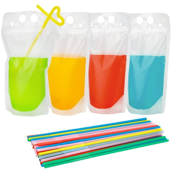 MODANU Drink Pouches Bags with Disposable Plastic Straws Set of 40, Hand-held Frosted Translucent Reclosable Zipper Juice Pouches for Adults and Teens
