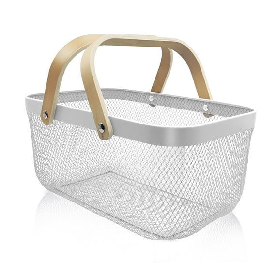 MODANU Metal Mesh Storage Basket with Handle, Garden Harvest Basket, Mesh Fruit Vegetables Gathering Basket Bin, Multi-Functional Metal Wire Basket for Kitchen Garden Picnic Cabinet, White