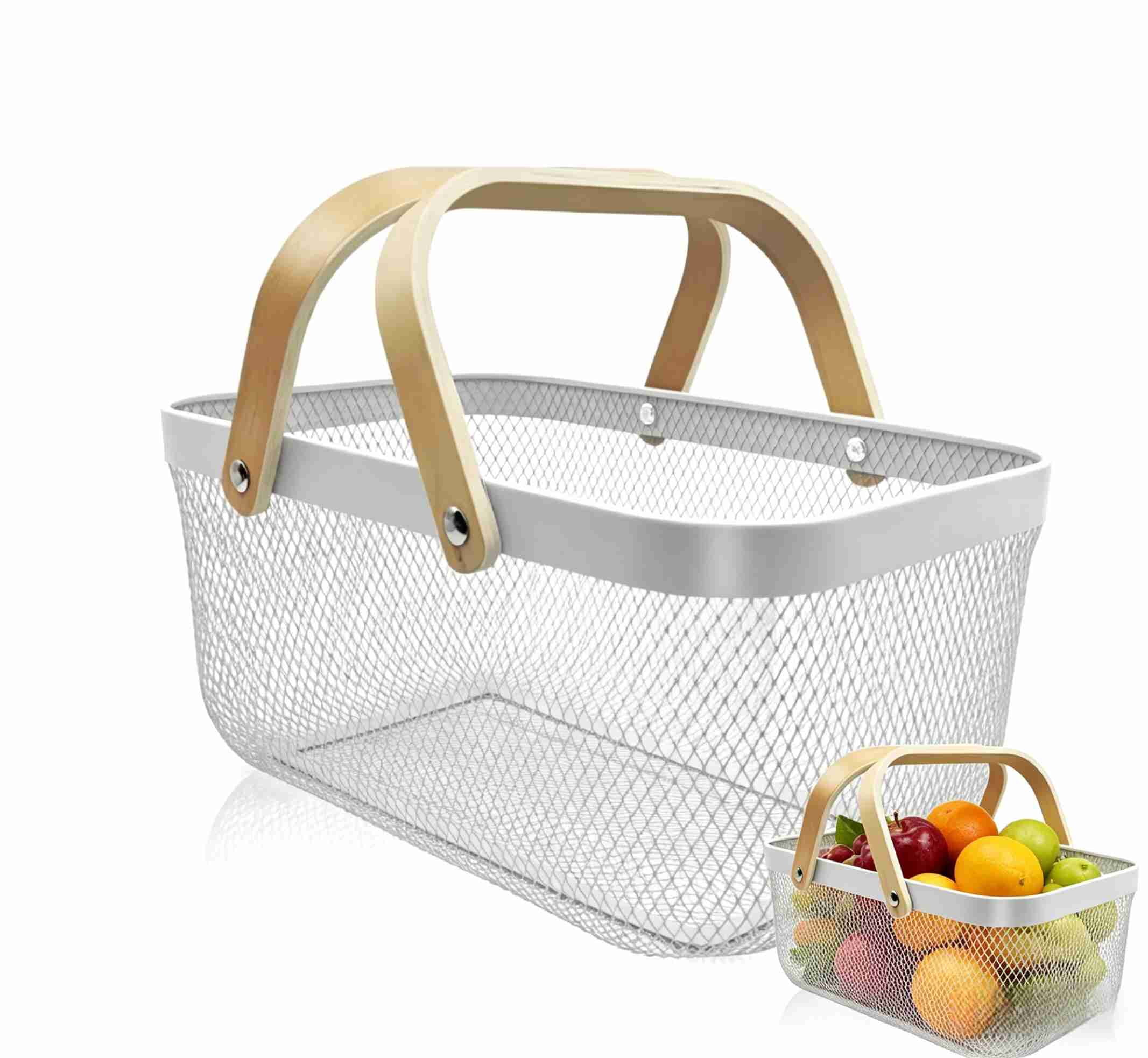 MODANU Metal Mesh Storage Basket with Handle, Garden Harvest Basket, Mesh Fruit Vegetables Gathering Basket Bin, Multi-Functional Metal Wire Basket for Kitchen Garden Picnic Cabinet, White
