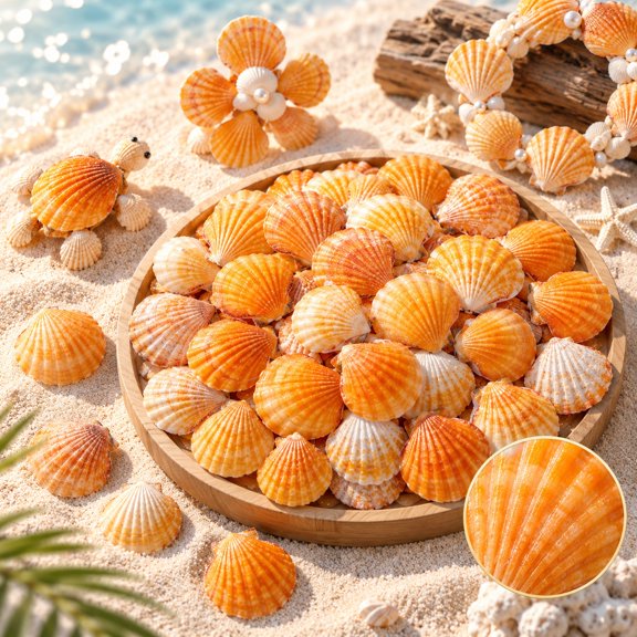 MODANU Natural Scallop Shells, 60 PCS Orange Sea Shells for DIY Crafts, Vase Filler, Wedding Decor