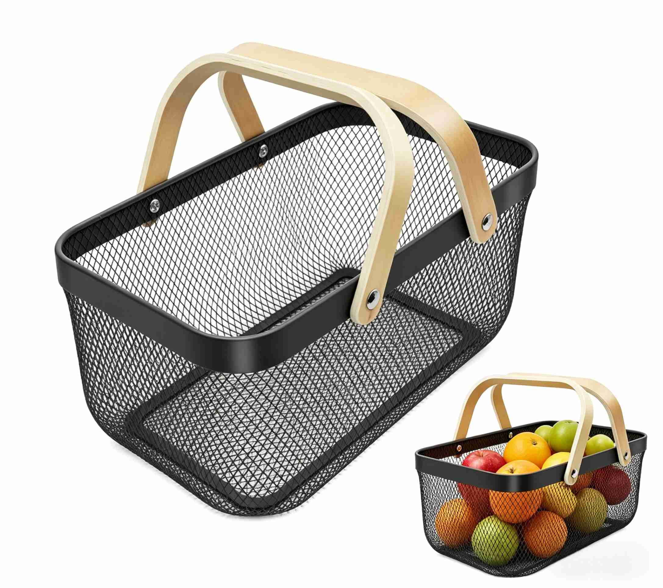 MODANU Picnic Harvest Basket Wire Metal Mesh Steel Garden Basket - Produce Storage Basket Multi-Functional Fruit Vegetable Egg Picking Baskets with Handles for Kitchen, Bathroom, Black