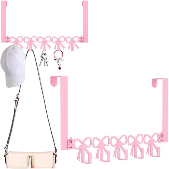 XISELI Pink Bow Over The Door Hooks Hanger, Cute Bow Over The Door Hanger Rustic Farmhouse Wall Mount Towel Hanger Door Holder Organizer 5 Hooks for Bedroom Bathroom Towel Hat Clothes