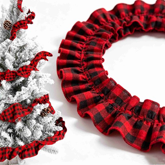MODANU Plaid Christmas Garland, Buffalo Rustic Craft Ribbon Ruffled for Home Wreath Staircase Tree Decor(Red and Black, 2.45in x 26.9ft)