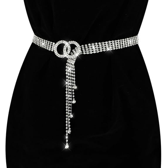 MODANU Rhinestone Waist Belt for Women, 47" Crystal Waist Chain Belt Adjustable Diamond O-Ring Waistband Belt for Jeans Dresses