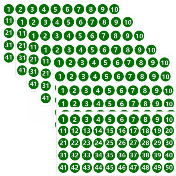 MODANU Round Number Sticker, 10 Sheets Consecutive Vinyl Labels 1-50 Self-Adhesive Dot Stickers for Indoor, Outdoor, Office, Classroom, Storage, Organizing, Boxes (1in, Green)