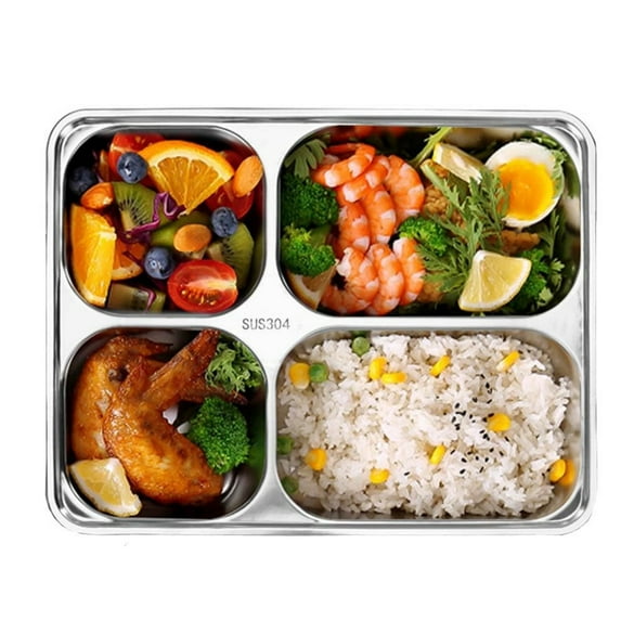 MODANU Stainless Steel Divided Plates Tray with Lids, 4 Compartments Picnic Plates Non Toxic Serving Platter, Dinner Snack, Camping Dishes Picky Eaters and Portion Control (Silver)