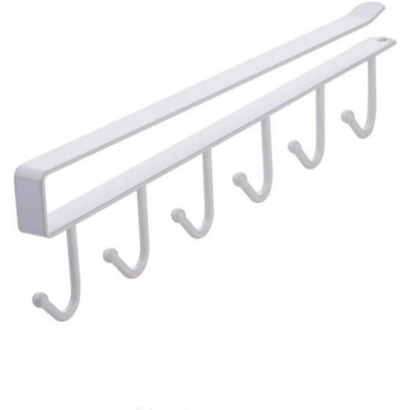 MODANU Under Cabinet 6-Hook Hanging Hook Rack Kitchen Utensil Cupboard Hanger Chest Organizer Cup Holder for Coffee Bar, Fit for 0.8 inch Thickness Shelf or Less, Nail Free (White)