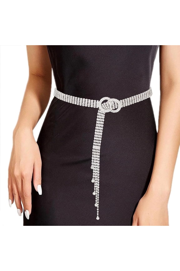 Waist Belt with Rhinestone 47" Silver Crystal Waist Dress Belt Tassel Prom Party Waistband Belt for Women and Girls