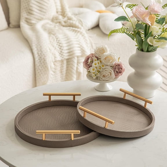 MODE HOME 2 Piece Coffee Brown Round Serving Tray with Handles, Woven-Texture Faux Leather Ottoman Tray for Living Room, Decorative Tray for Coffee Table Home Decor