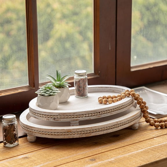 MODE HOME 2-Piece Farmhouse Oval Wood Decorative Trays, Distressed White Beaded Solid Wood Trays for Coffee Table & Kitchen Counter Centerpiece