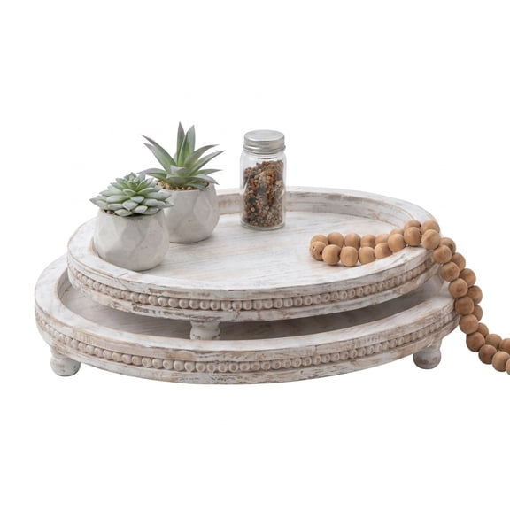 MODE HOME 2-Piece Farmhouse Oval Wood Decorative Trays, Distressed White Beaded Solid Wood Trays for Coffee Table & Kitchen Counter Centerpiece