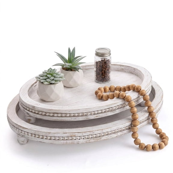 MODE HOME 2-Piece Farmhouse Oval Wood Decorative Trays, Distressed White Beaded Solid Wood Trays for Coffee Table & Kitchen Counter Centerpiece
