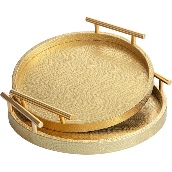 MODE HOME 2 Piece Golden Round Serving Tray with Handles, Woven-Texture Faux Leather Ottoman Tray for Living Room, Decorative Tray for Coffee Table Home Decor