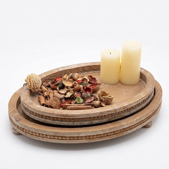 MODE HOME 2-Piece Oval Torched Wood Decorative Trays, Distressed Beaded Serving Tray Set for Coffee Table & Ottoman Centerpiece