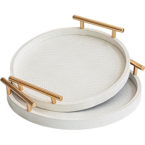 MODE HOME 2 Piece White Round Serving Tray with Handles, Woven-Texture Faux Leather Ottoman Tray for Living Room, Decorative Tray for Coffee Table Home Decor