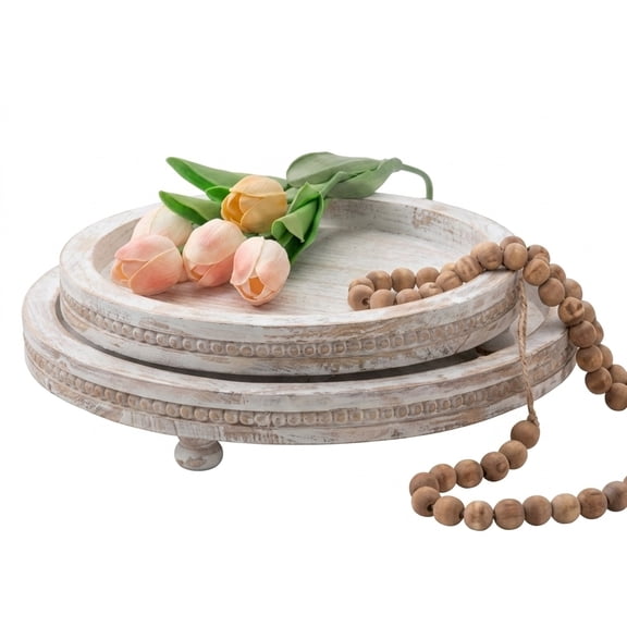 MODE HOME 2-Piece Whitewashed Wooden Serving Tray Set, Beaded Design, Farmhouse Decor for Living Room, Coffee Table & Ottoman Tray