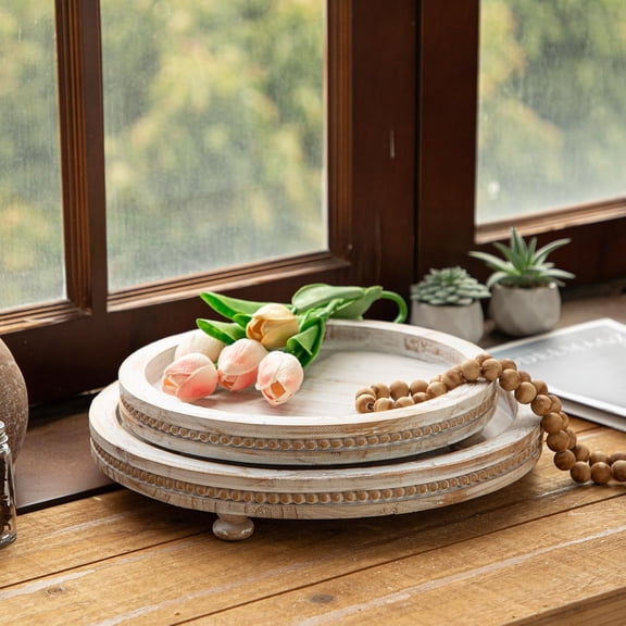 MODE HOME 2-Piece Whitewashed Wooden Serving Tray Set, Beaded Design, Farmhouse Decor for Living Room, Coffee Table & Ottoman Tray