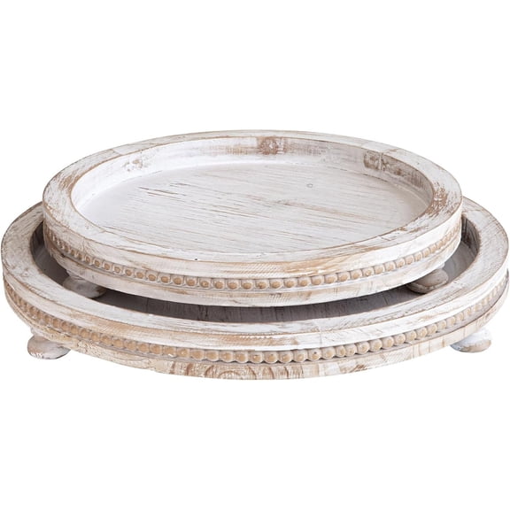 MODE HOME 2-Piece Whitewashed Wooden Serving Tray Set, Beaded Design, Farmhouse Decor for Living Room, Coffee Table & Ottoman Tray