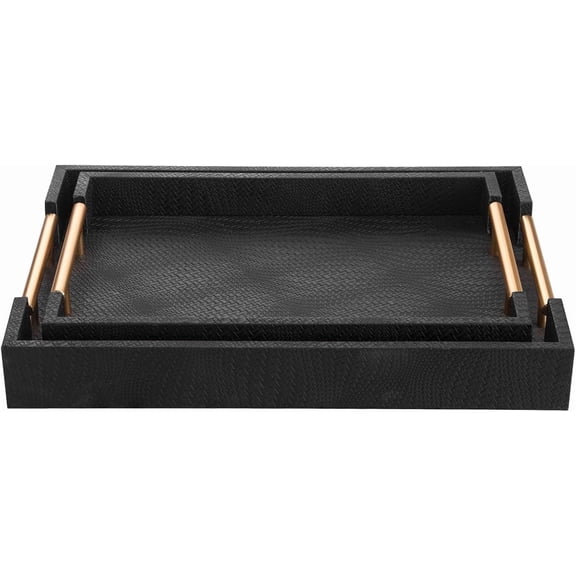 MODE HOME 2-Piece Black Woven Leather Ottoman Tray Set with Gold Handles, Rectangular Serving Tray for Coffee Table and Living Room