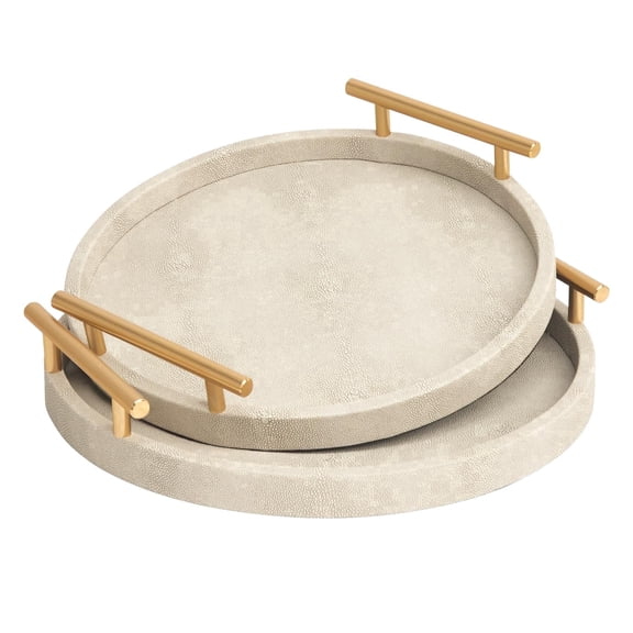 MODE HOME Shagreen Round Serving Tray Set of 2, Ivory Decorative Accent Trays with Gold Metal Handles for Coffee Table, Ottoman, Living Room, Bathroom and Home Decor