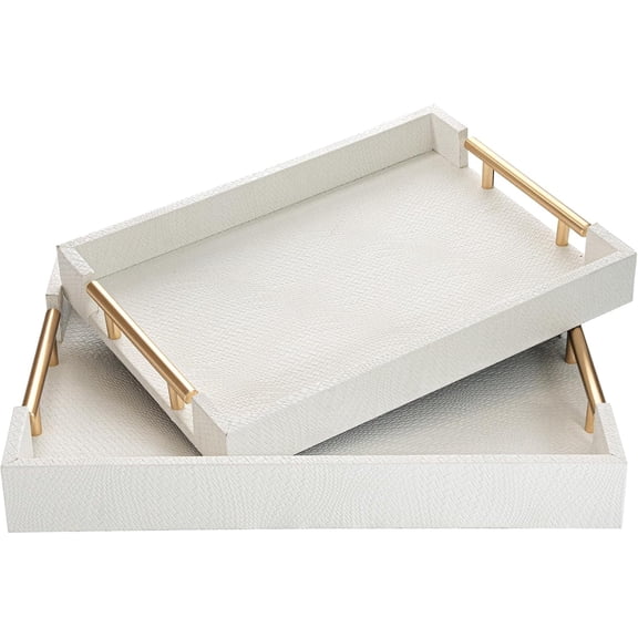 MODE HOME 2 Piece Woven Leather Ottoman Tray with Gold Handles, Perfect Rectangular Serving Tray for Living Room, Coffee Table Tray as Thoughtful Gift for Home Decor Enthusiasts (White)