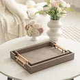 thumbnail image 1 of MODE HOME 2 Piece Woven Leather Ottoman Tray with Gold Handles, Perfect Rectangular Serving Tray for Living Room, Coffee Table Tray as Thoughtful Gift for Home Decor Enthusiasts (Coffee Brown), 1 of 7