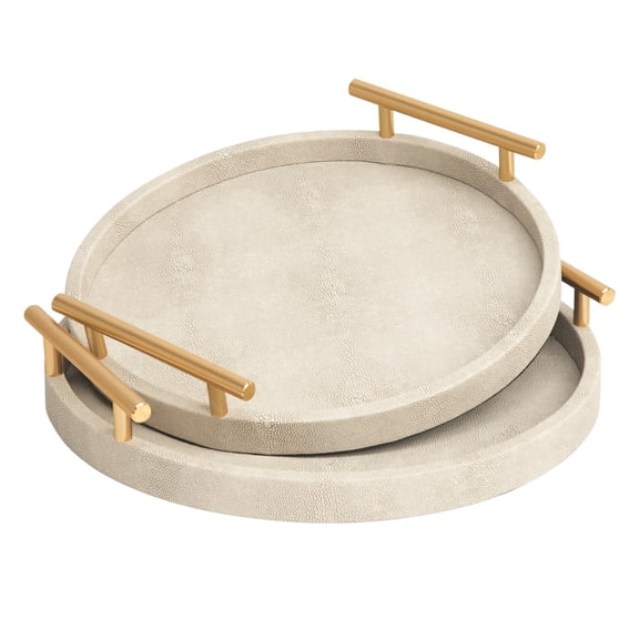 MODE HOME Shagreen Round Serving Tray Set of 2, Ivory Decorative Accent Trays with Gold Metal Handles for Coffee Table, Ottoman, Living Room, Bathroom and Home Decor