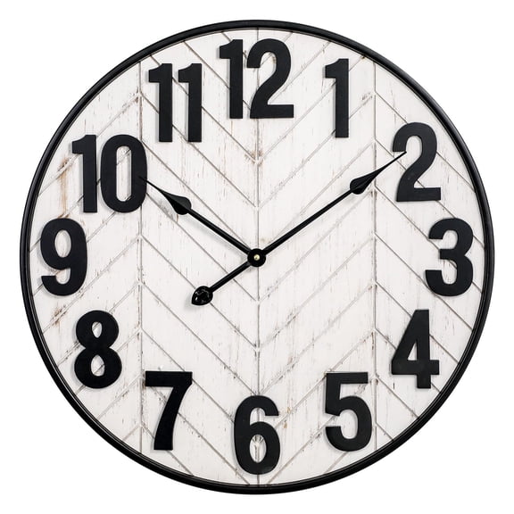 MODE HOME 24 Inch Large Wall Clock, Rustic Wooden Farmhouse Wall Clock with Black Metal Frame, Battery Operated Non-Ticking Silent Wall Clocks for Living Room, Kitchen, Bedroom (Whitewashed)