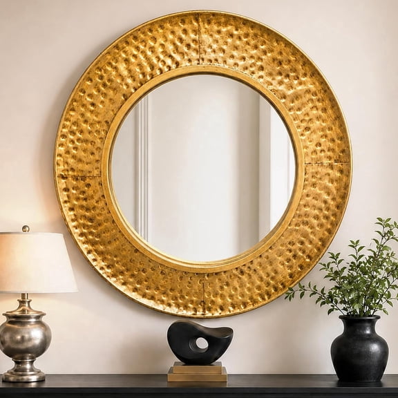 MODE HOME 24 Inch Round Accent Mirror, Hammered Antique Gold Metal Frame, Vintage Wall Decor for Bathroom Vanity, Entryway, Living Room and Farmhouse Home
