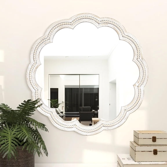 MODE HOME 24 Inch Round Wall Mirror, Whitewashed Wooden Frame with Scalloped Edge and Beaded Trim for Farmhouse Decor