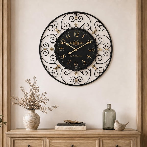 MODE HOME 24 Inch Vintage Iron Wall Clock, Silent Battery Operated French Farmhouse Decor for Living Room, Kitchen and Bedroom