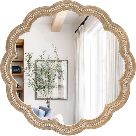 MODE HOME 24" Round Wood Wall Mirror, Scalloped Antique Brown Farmhouse Circle Mirror for Bathroom, Bedroom, Living Room