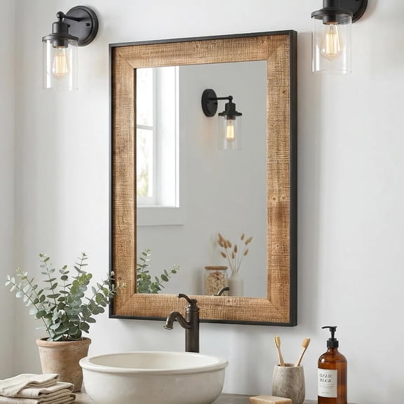 MODE HOME 36x24 Inch Rustic Wood Wall Mirror, Solid Wood Framed Farmhouse Mirror for Bathroom Vanity, Living Room & Entryway Decor