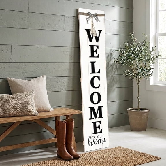 MODE HOME 47 x 10 Inch Large Welcome Sign for Front Door, Solid Wood Farmhouse Porch Decor with 3D Raised Letters, Rustic Vertical Welcome Sign with Wooden Beads & Bow, Whitewashed