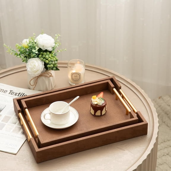 MODE HOME Set of 2 Brown Shagreen Faux Leather Serving Trays, Modern Decorative Rectangle Platter for Drinks and Coffee