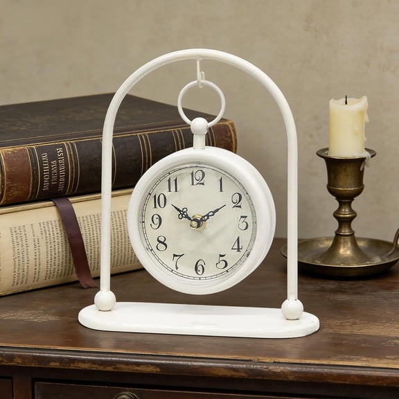 MODE HOME Cream Vintage Table Clock, Silent Non-Ticking Decorative Battery Operated Desktop Clock, Farmhouse Shelf Clock