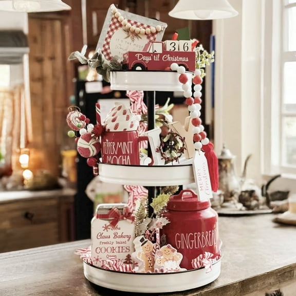 MODE HOME Decorative 3 Tiered Metal Tray Stand with Handle for Kitchen, Dining Room, Bathroom, Shelf Coffee Bar Table, Modern Farmhouse Seasonal Display Tiered Tray Decor, Black and White