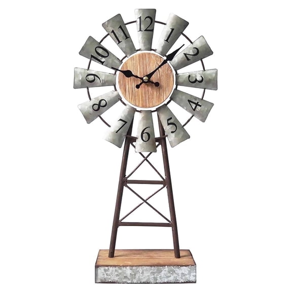MODE HOME Farmhouse Table Clock on Stand, Galvanized Windmill Design, Silent Battery-Operated Decor