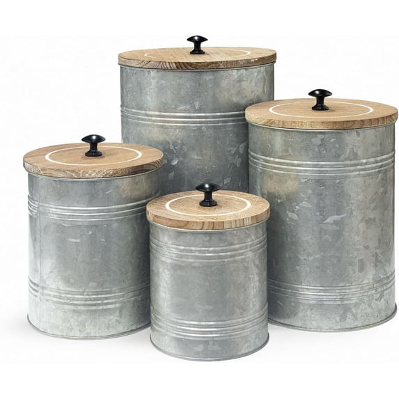 Rustic Metal Container MODE HOME Galvanized Metal Canister Set of 4 with Wooden Lids, Rustic ...