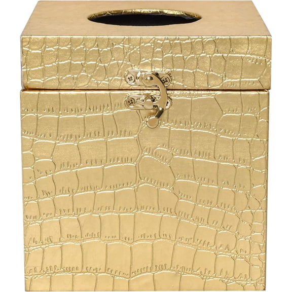 MODE HOME Gold Leather Tissue Box Holder, Square Crocodile Embossed Napkin Cover for Bathroom, Vanity & Office Decor