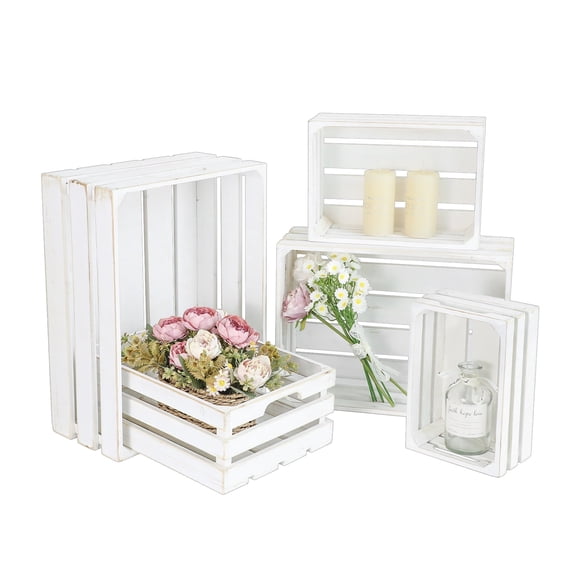 MODE HOME Large Wooden Crates, Set of 5 Wood Crates with Handles, Rustic Whitewashed Farmhouse Wooden Crate for Display, Wedding Birthday Home Party Living Room Kitchen Decoration
